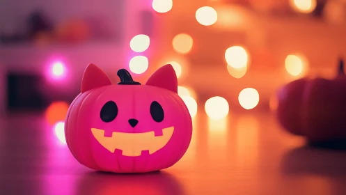 Pink cat-shaped jack-o-lantern rests before blurred lights