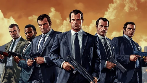 Digital painting lineup of armed suited enforcers at sunset.