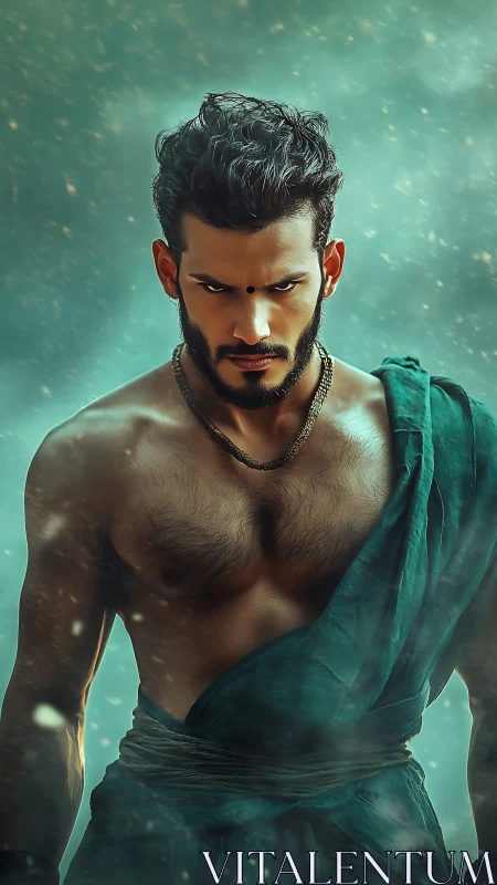 Warrior ascetic emerging from teal mist in dramatic focus.