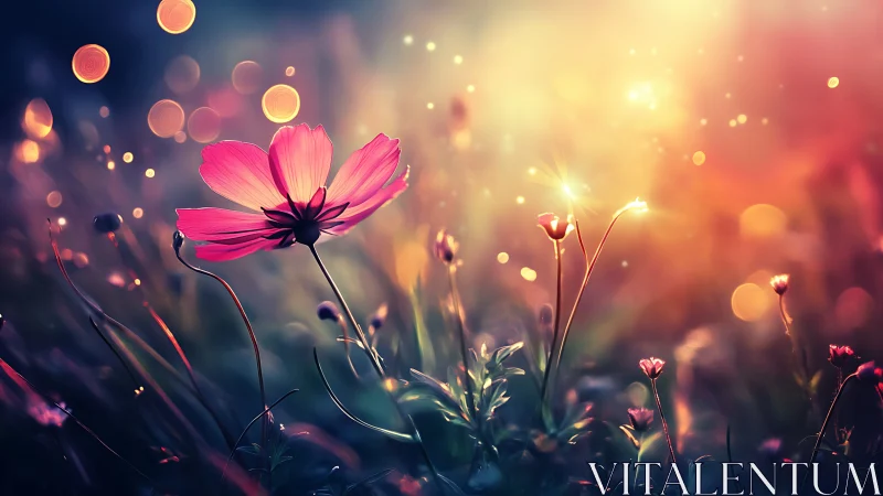 Luminous Pink Cosmos Flowers Glowing in Ethereal Sunset