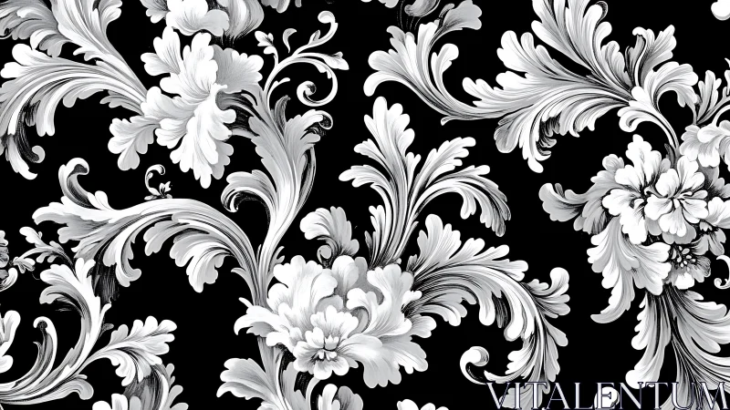 Baroque floral scrolls unfold in bold monochrome elegance.