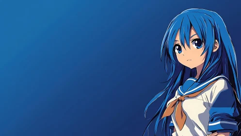 Quiet blue-haired anime girl against a calm sky backdrop.