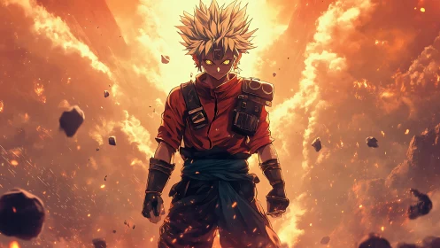 Explosive anime warrior in volcanic rupture with drifting debris