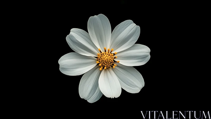 White Cosmos Flower with Golden Center on Black.