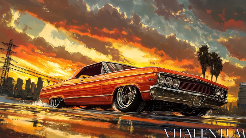 Lowrider muscle car drifts through wet urban street at sunset