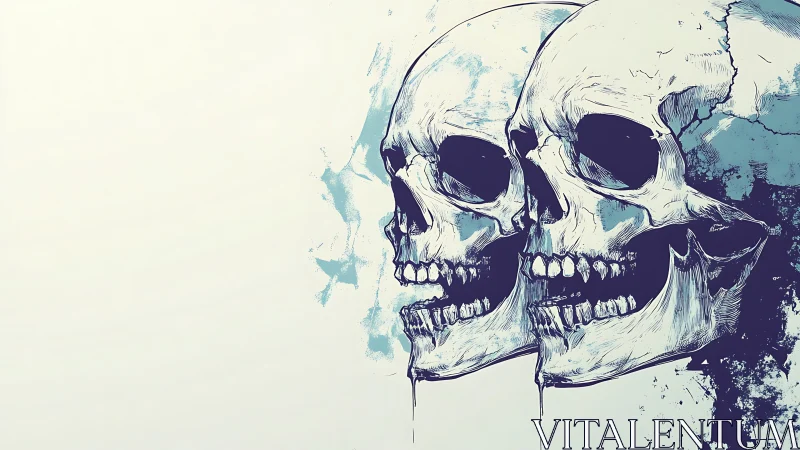 Triad of ink-rendered skulls with teal abstract splashes.