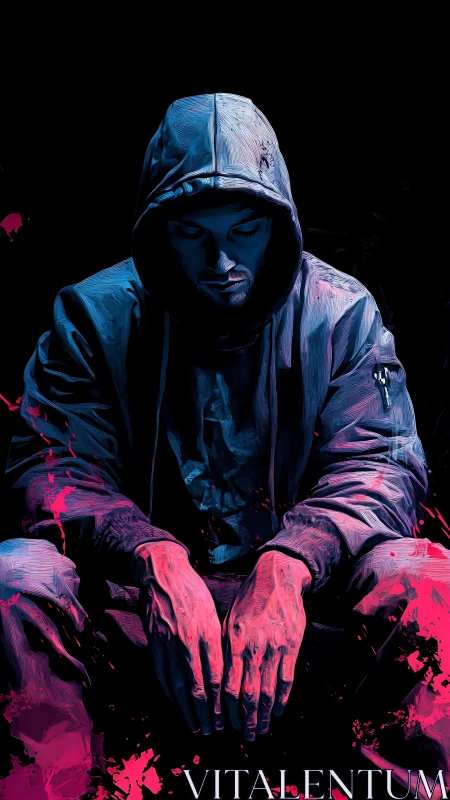 Hooded figure in neon shadows with vivid magenta splashes.