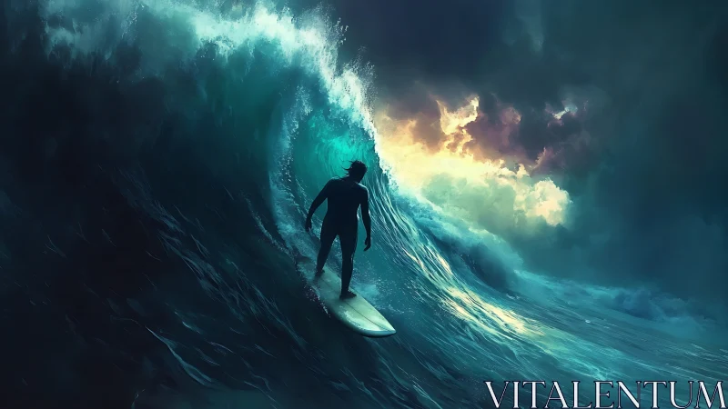 Stormlit surfer rides an ocean monolith beneath wild skies.