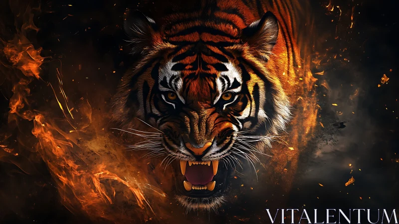 Tiger head emerging from swirling fire and dark smoke.
