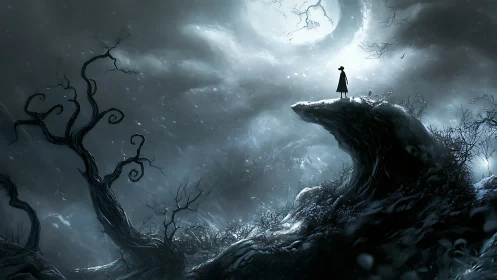 Lone silhouette beneath swirling winter moonlit storm.