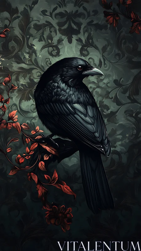 Velvet-winged raven on crimson florals against shadowed damask.