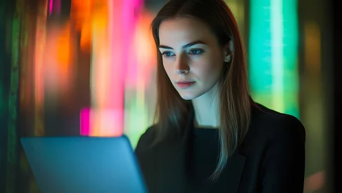 Focused professional at laptop amid neon color glow.