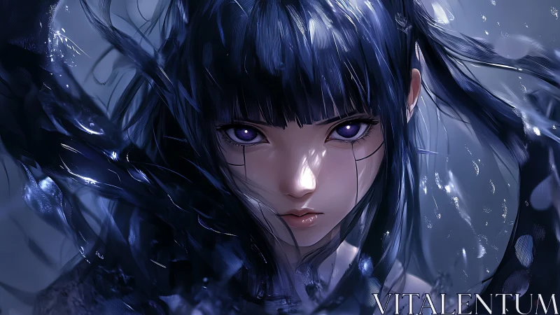 Intense purple eyed anime girl with flowing dark energy