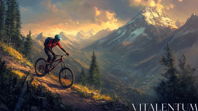 Mountain Biker Descends Alpine Trail at Golden Hour