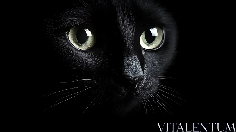 Black cat face with light-colored eyes against dark background.
