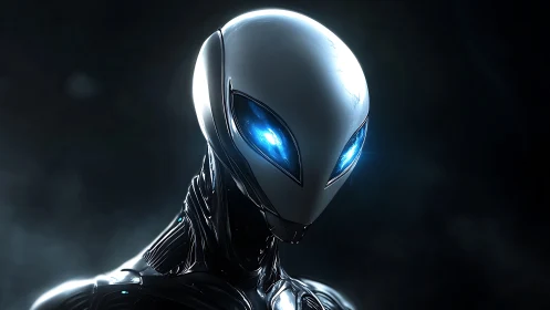 Futuristic android with glowing eyes emerges from dark void