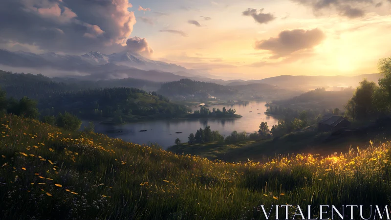 Digital landscape panorama with luminous alpine lakes at dusk.