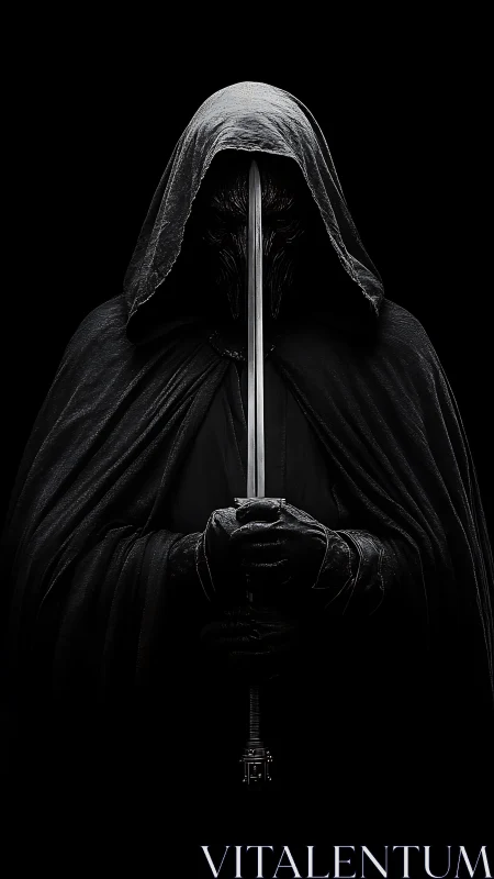 Hooded dark knight stands in shadow, blade held upright.