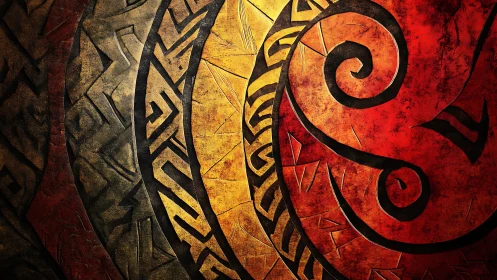 Tribal spiral emblem with carved metallic fire texture