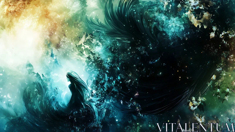 Starlit siren drifting through teal cosmic stormwaves.