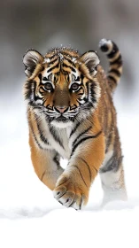 Juvenile tiger strides through snow with sharp focus and dynamic motion