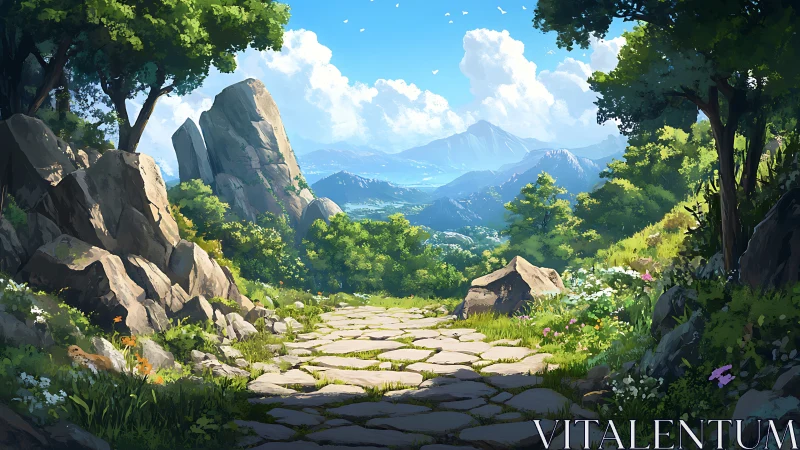 Sunlit stone path through lush mountainside forest vista.