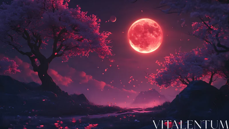 Crimson moon hushes a blossom forest into drifting dreams