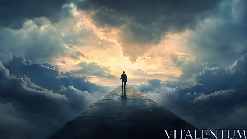 Solitary figure walking skyward along reflective path.