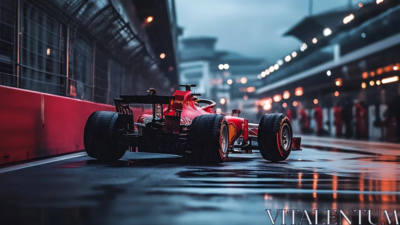 Red Formula 1 car waits in a rain-soaked pit lane at dusk.