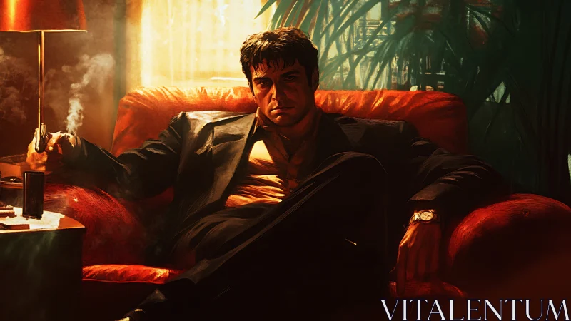 Moody man reclines on red sofa in smoky, golden light