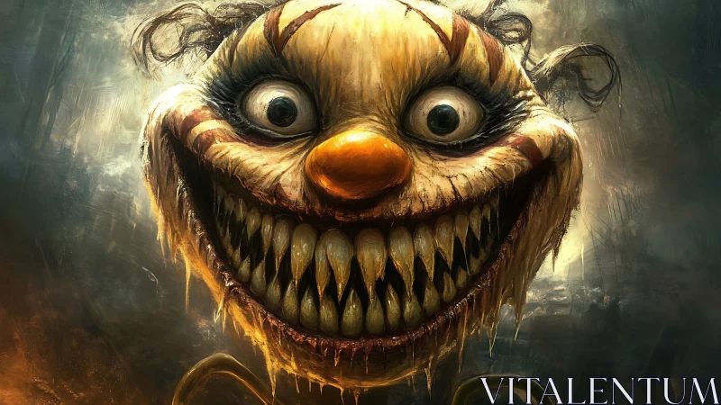 Grinning nightmare clown stretches a melting smile too wide