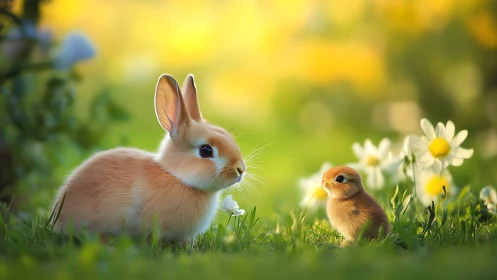 Shallow-depth meadow portrait shows rabbit and chick in soft bokeh light