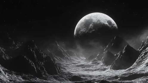 Moonrise over razorback craters in silent cosmic night.