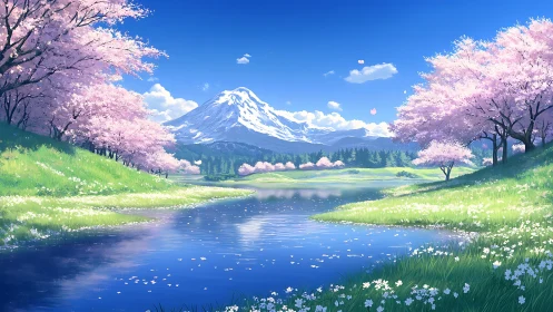 Gentle spring river under cherry blossoms and snowy peaks.
