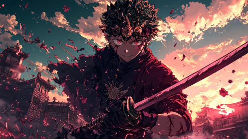 Crimson dusk crowns the rogue swordsman with burning resolve