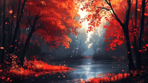 Crimson Twilight: Where Molten Leaves Dance With Silent Water.