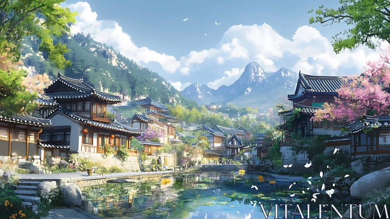 Traditional riverside village rendered in luminous digital painting