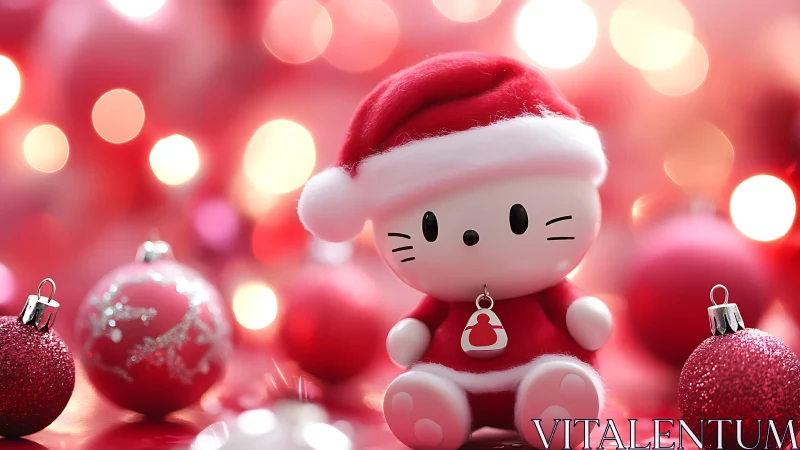 Santa cat character toy among red Christmas ornaments.