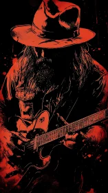 Red noir guitarist silhouette in dramatic comic style.