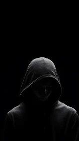 Hooded figure emerges from darkness in stark moody light