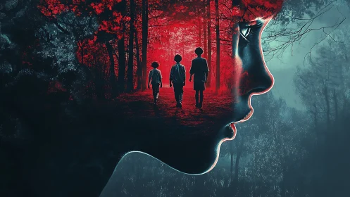 Childhood echoes in a crimson dream forest of memory.