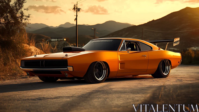Golden muscle car cuts through sunset desert highway.