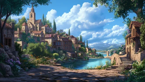 Sunlit riverside village with terraced stone houses and church tower