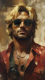 Male portrait with sunglasses, red shirt and layered jewelry.
