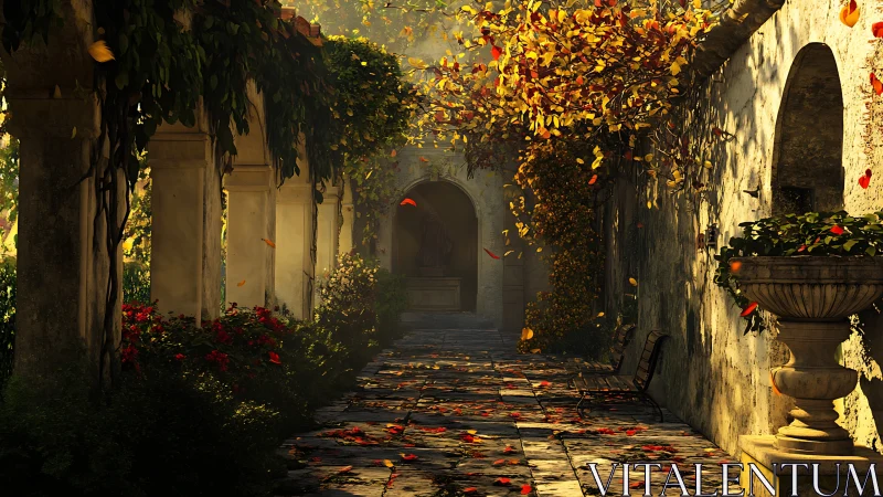 Sunlit cloister walkway captures falling autumn leaves peacefully.