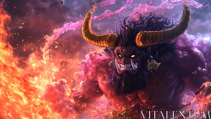 Horned demon figure amid dense flames and smoke clouds.