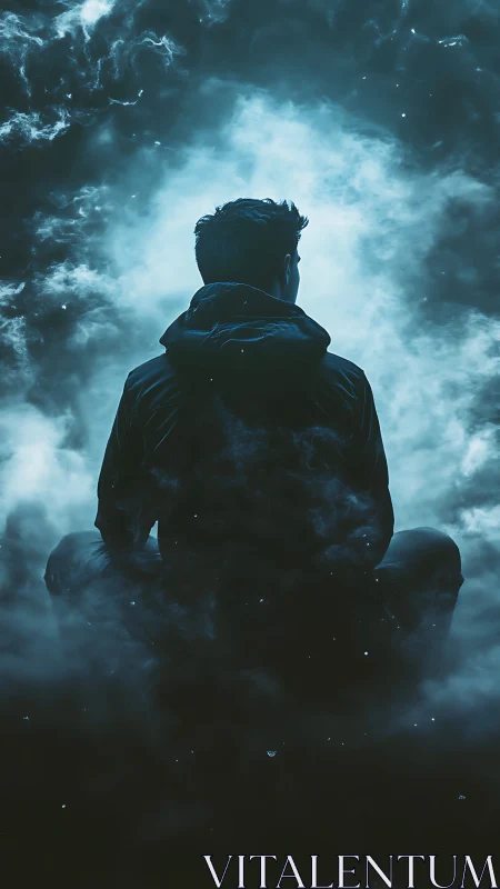 Solitary dreamer floats between stormclouds and starlight