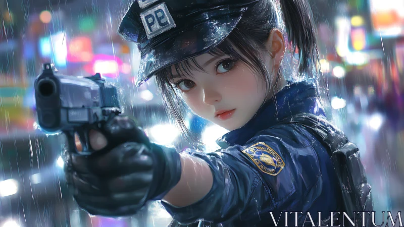 Rain-soaked anime police officer aims pistol in neon-lit street