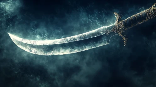 Moonlit warblade curves through storm-tossed spectral mist.