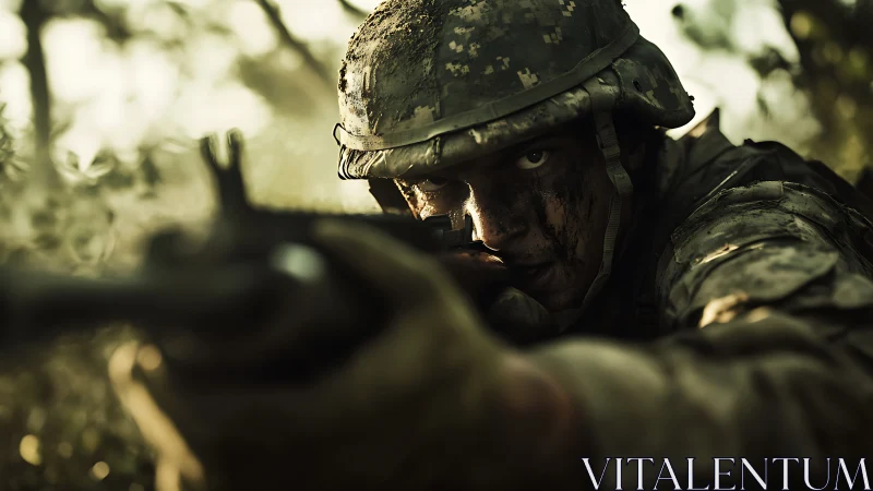 Soldier aims down rifle sights during tense forest engagement